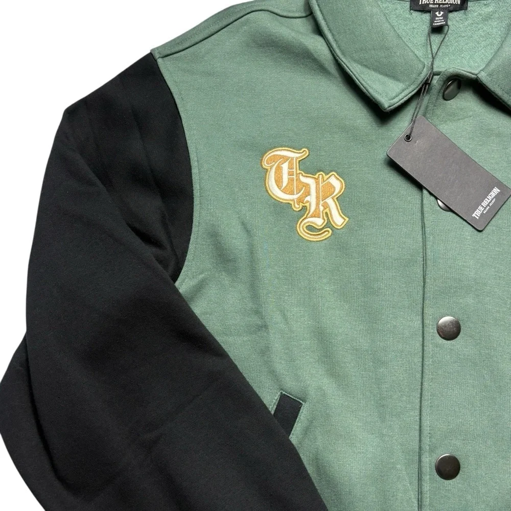 NEW True Religion Collared Patch Fleece Varsity Jacket Mens Medium M MSRP $159